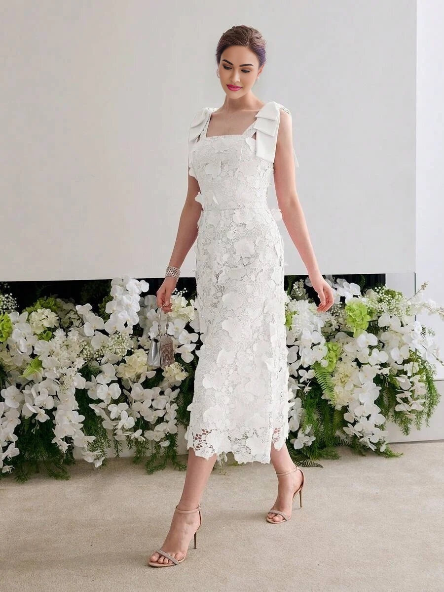 Soiréza GUIPURE LACE BOW SHOULDER COCKTAIL DRESS