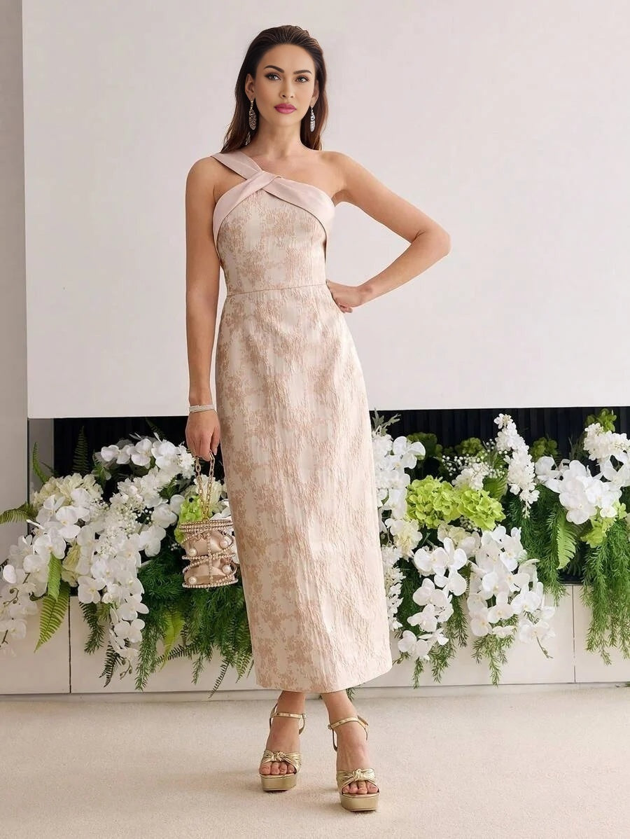 Soiréza JACQUARD ONE SHOULDER SPLIT HEM COCKTAIL DRESS WITHOUT BELT