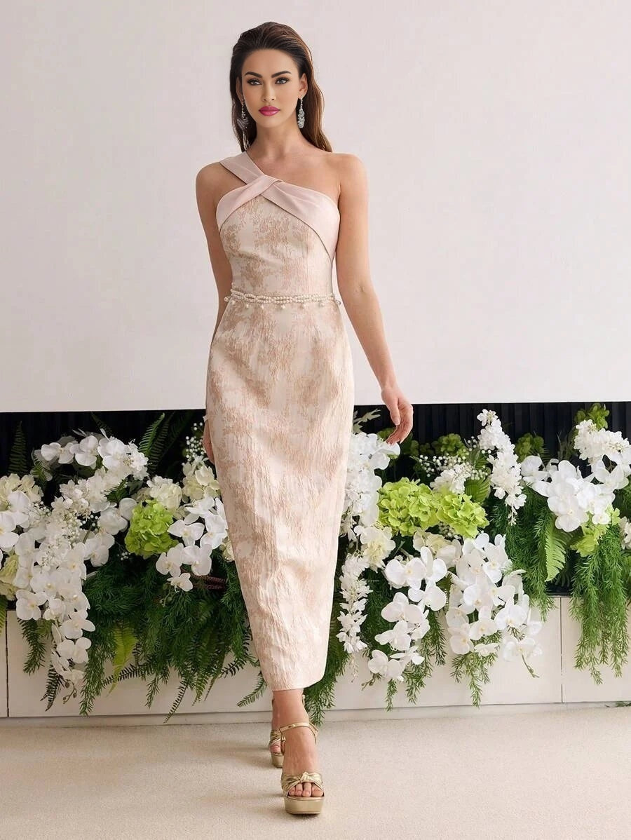 Soiréza JACQUARD ONE SHOULDER SPLIT HEM COCKTAIL DRESS WITHOUT BELT