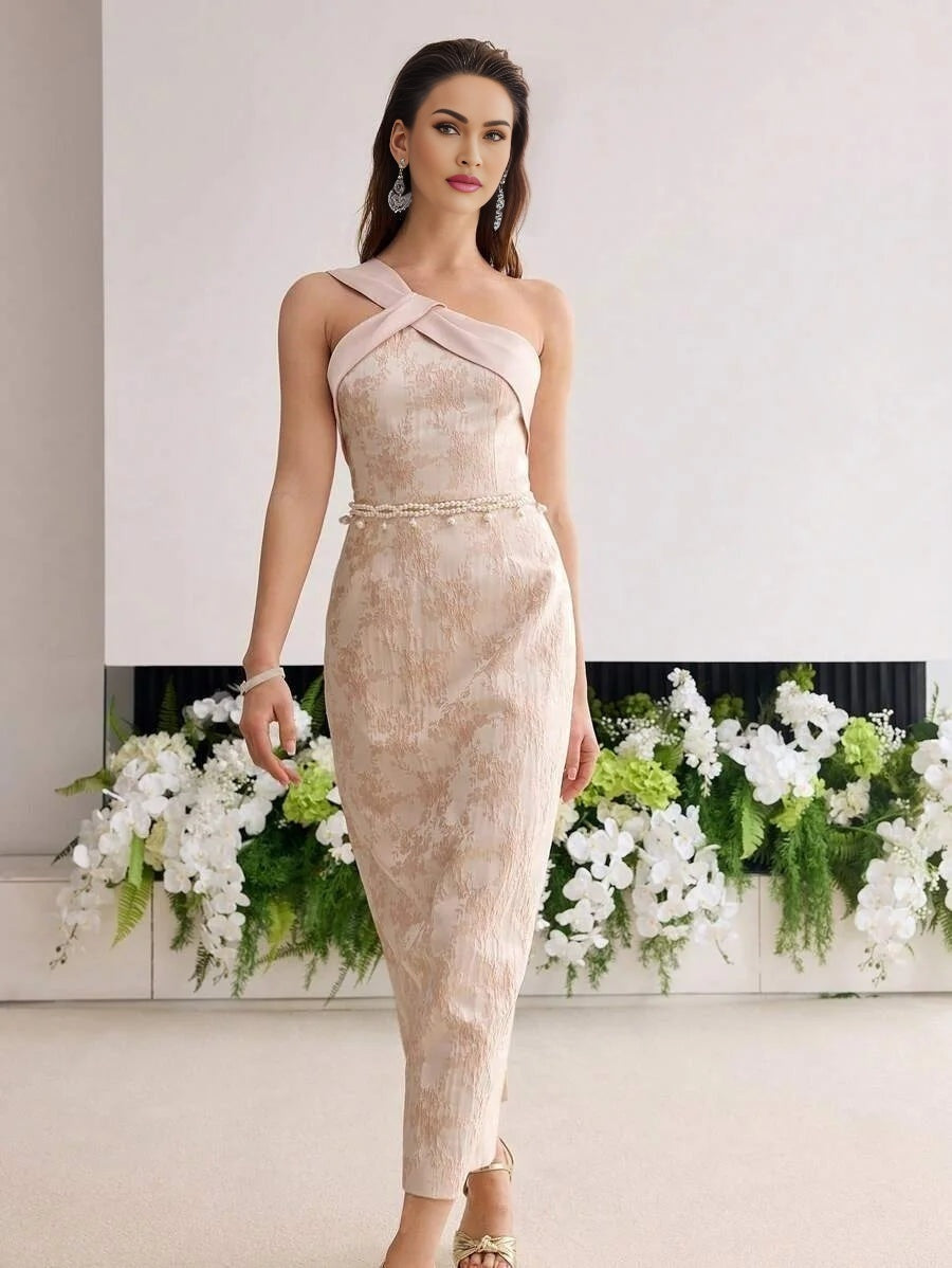 Soiréza JACQUARD ONE SHOULDER SPLIT HEM COCKTAIL DRESS WITHOUT BELT