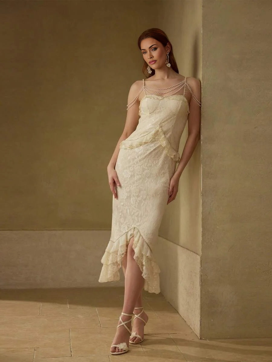 Soiréza LACE RUFFLE TRIM FAUX PEARL CHAIN COCKTAIL DRESS