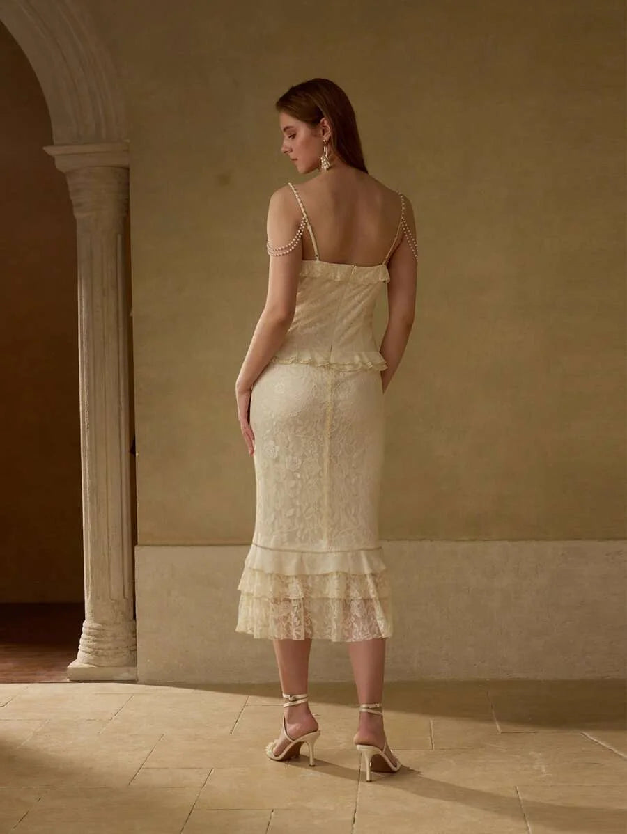 Soiréza LACE RUFFLE TRIM FAUX PEARL CHAIN COCKTAIL DRESS