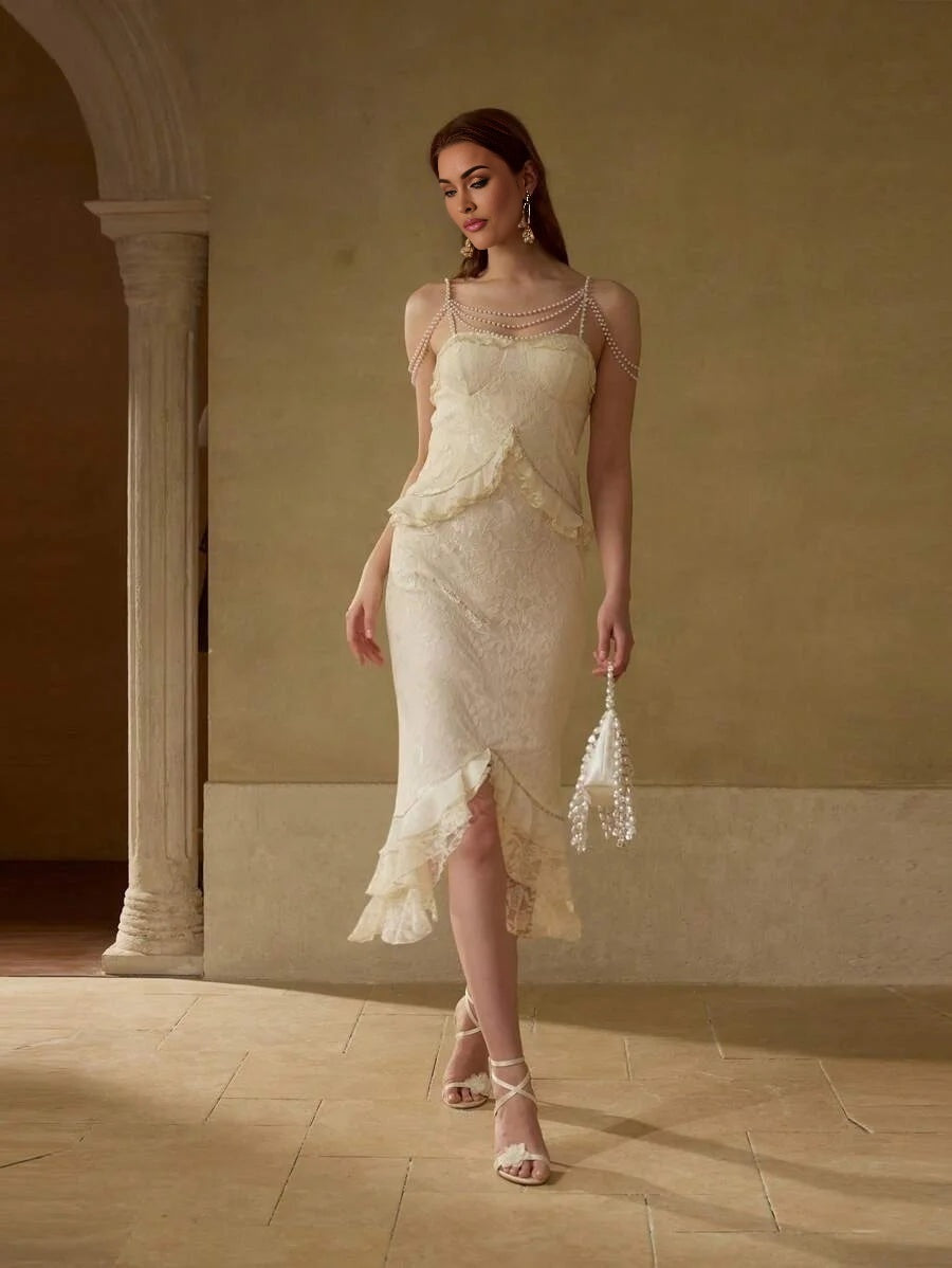 Soiréza LACE RUFFLE TRIM FAUX PEARL CHAIN COCKTAIL DRESS