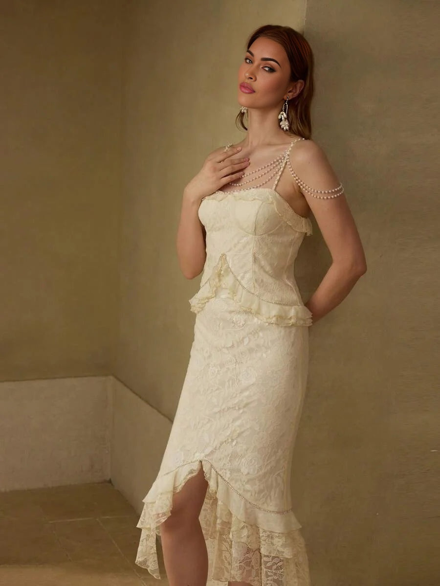 Soiréza LACE RUFFLE TRIM FAUX PEARL CHAIN COCKTAIL DRESS