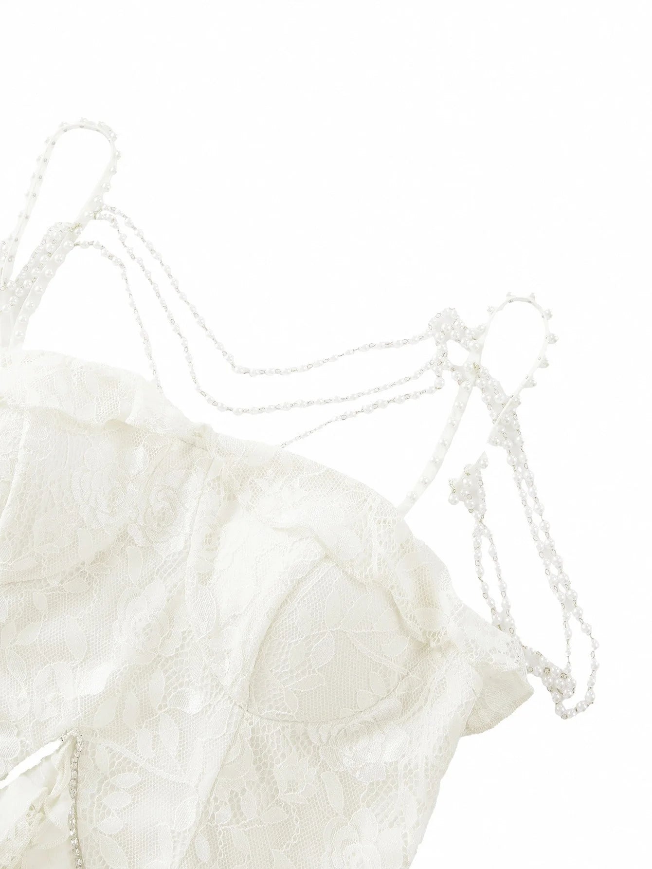 Soiréza LACE RUFFLE TRIM FAUX PEARL CHAIN COCKTAIL DRESS