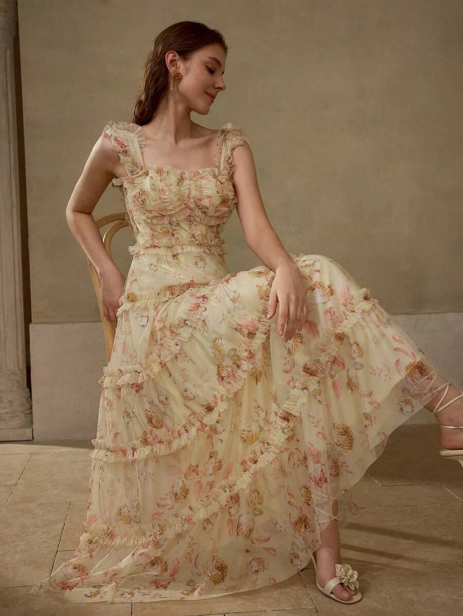 Soiréza MESH ALLOVER FLORAL PRINT LAYERED RUFFLE TRIM BUSTIER COCKTAIL DRESS