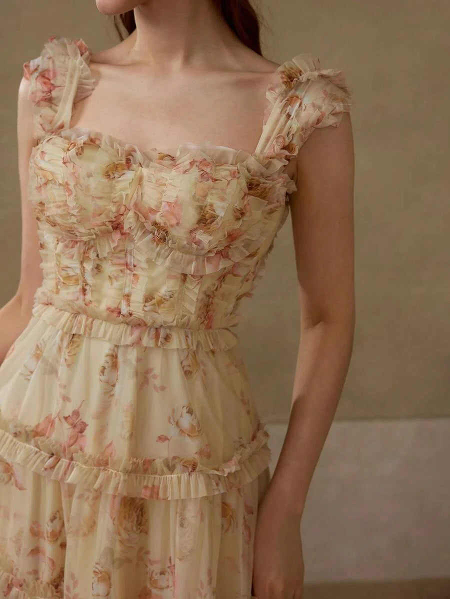 Soiréza MESH ALLOVER FLORAL PRINT LAYERED RUFFLE TRIM BUSTIER COCKTAIL DRESS