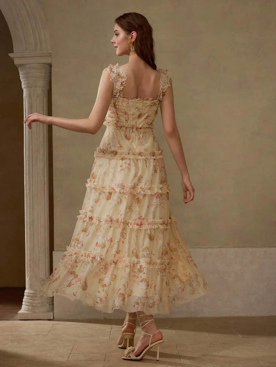 Soiréza MESH ALLOVER FLORAL PRINT LAYERED RUFFLE TRIM BUSTIER COCKTAIL DRESS