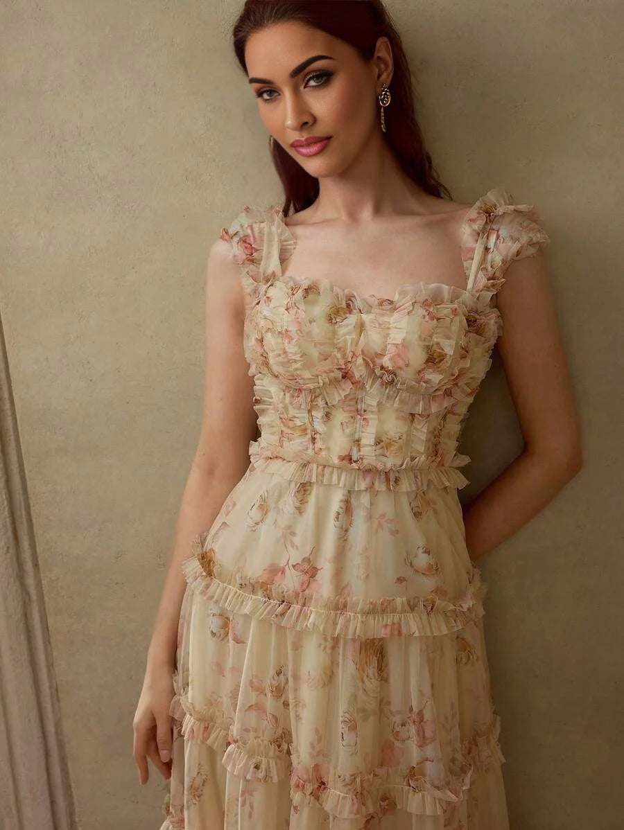 Soiréza MESH ALLOVER FLORAL PRINT LAYERED RUFFLE TRIM BUSTIER COCKTAIL DRESS