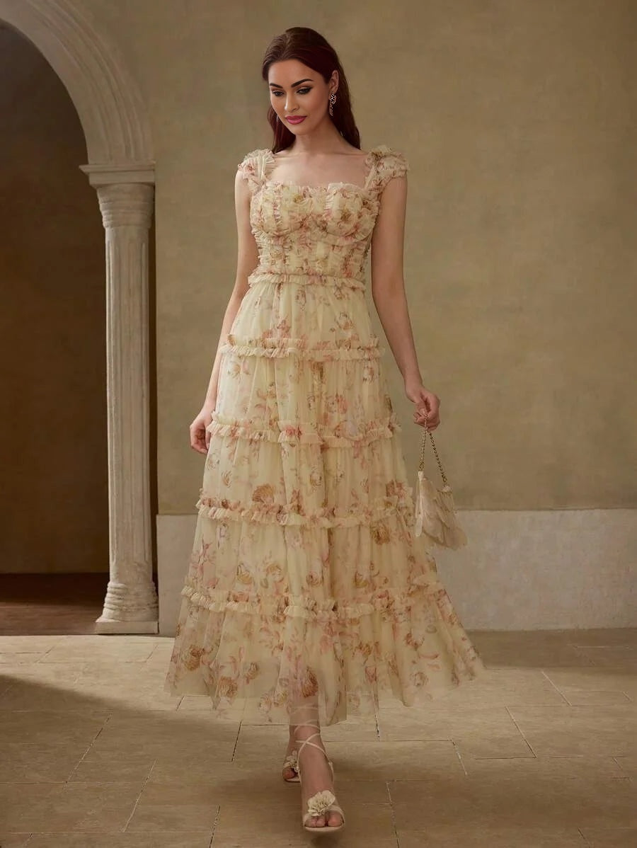 Soiréza MESH ALLOVER FLORAL PRINT LAYERED RUFFLE TRIM BUSTIER COCKTAIL DRESS