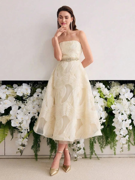 Soiréza MESH EMBROIDERED ALINE TUBE MIDI DRESS