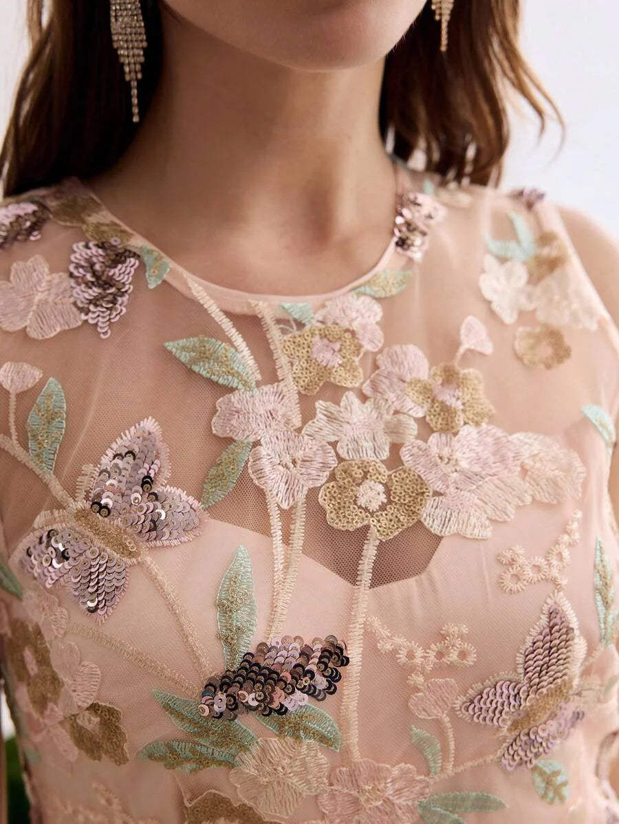 Soiréza MESH FLORAL EMBROIDERED ALINE COCKTAIL DRESS