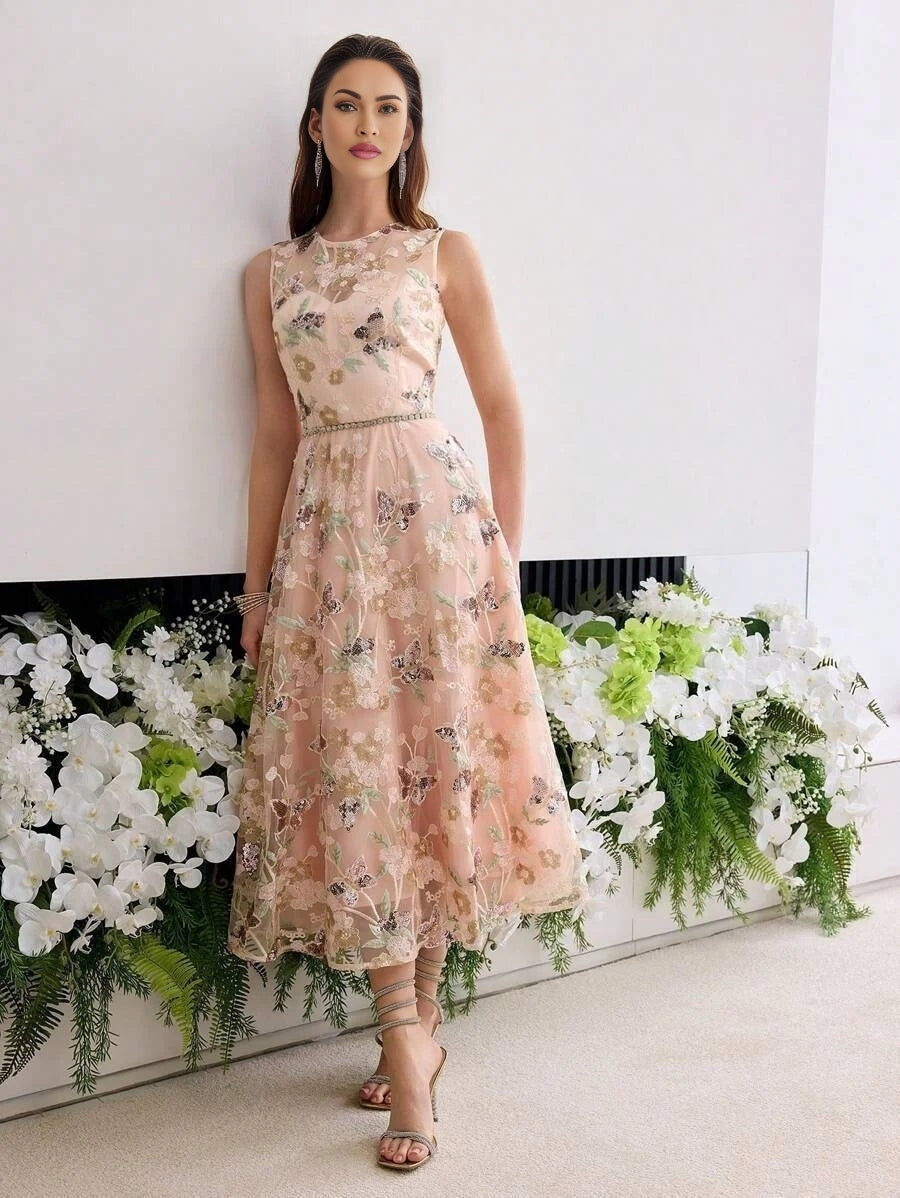 Soiréza MESH FLORAL EMBROIDERED ALINE COCKTAIL DRESS
