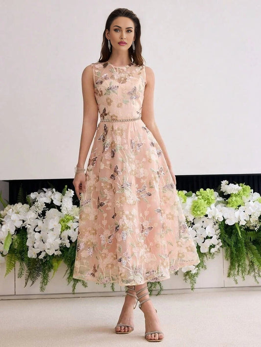 Soiréza MESH FLORAL EMBROIDERED ALINE COCKTAIL DRESS