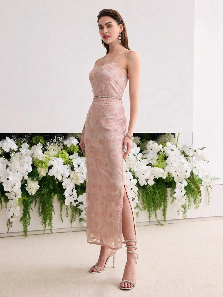 Soiréza MESH SEQUIN EMBROIDERED SLIP PARTY DRESS