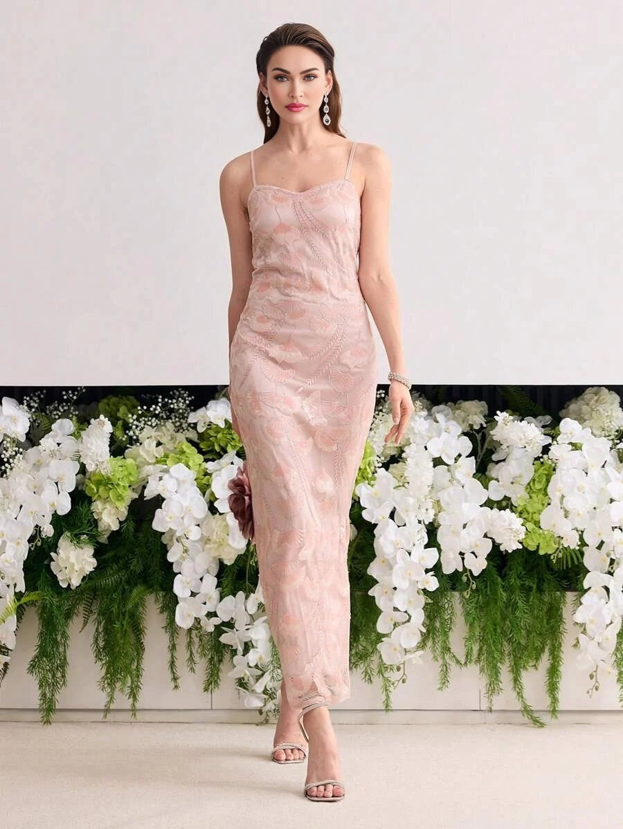 Soiréza MESH SEQUIN EMBROIDERED SLIP PARTY DRESS