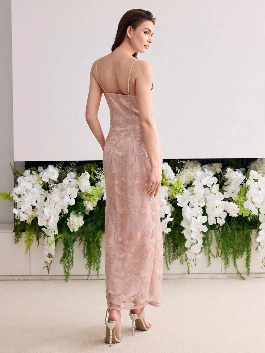 Soiréza MESH SEQUIN EMBROIDERED SLIP PARTY DRESS