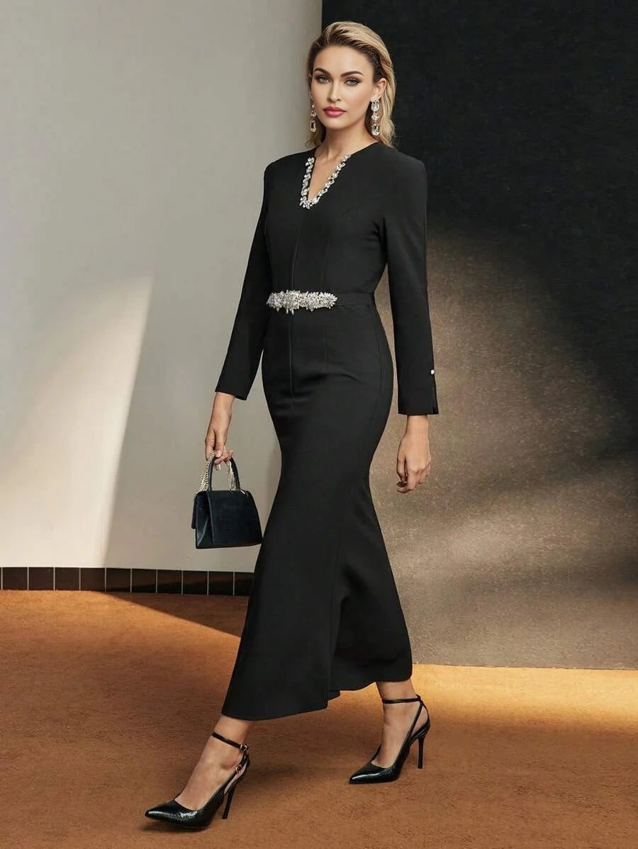 Soiréza NOTCH NECK RHINESTONE TRIM CONTRAST SEQUIN DETAIL MERMAID HEM DRESS