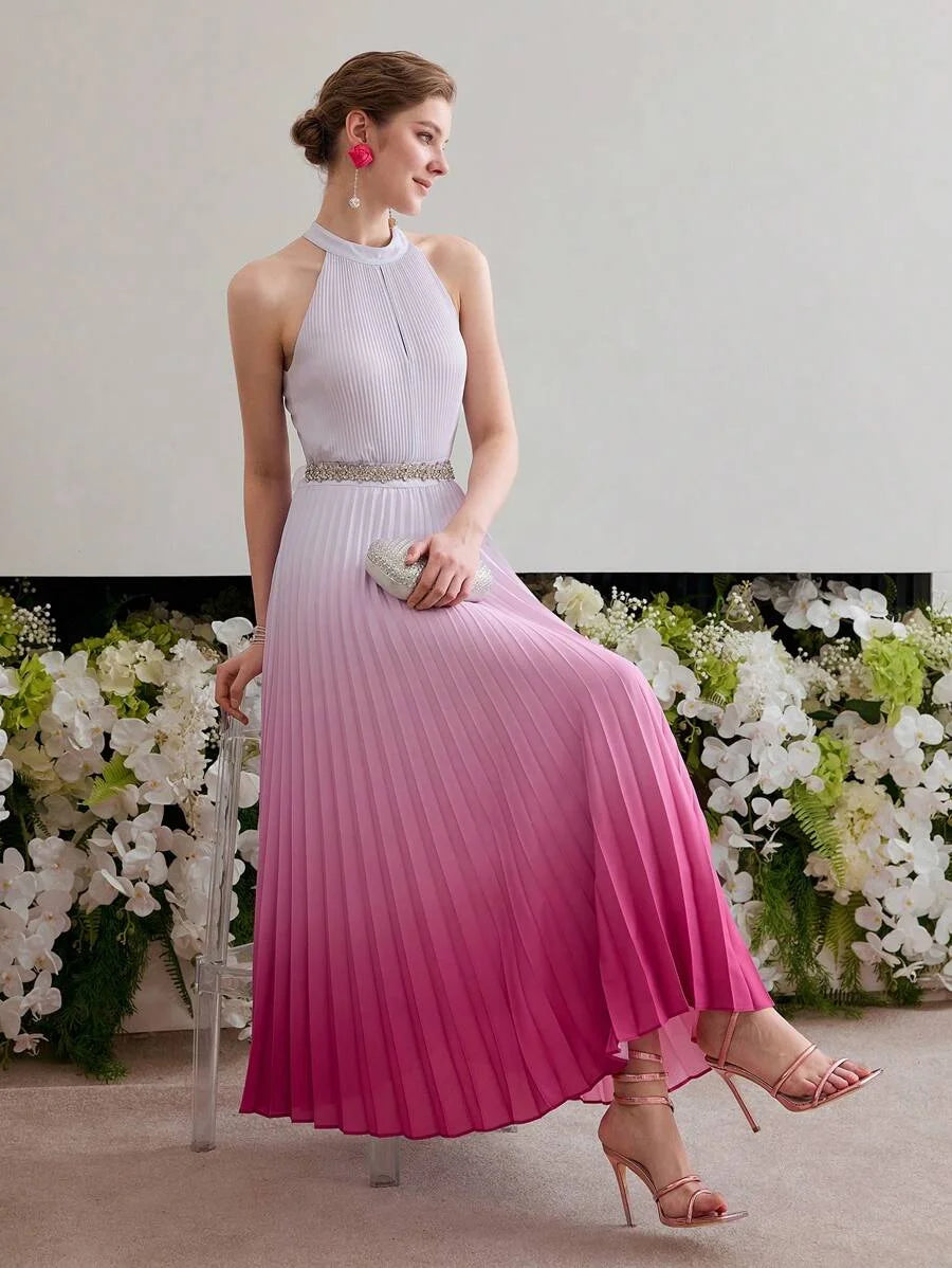 Soiréza OMBRE PLEATED HALTER COCKTAIL DRESS