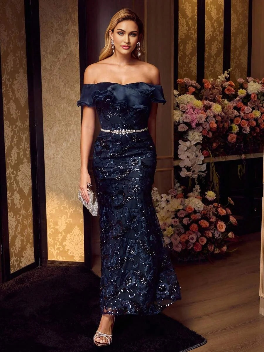 Soiréza RUFFLE DETAIL EMBROIDERY FLORAL CONTRAST SEQUINS COCKTAIL DRESS