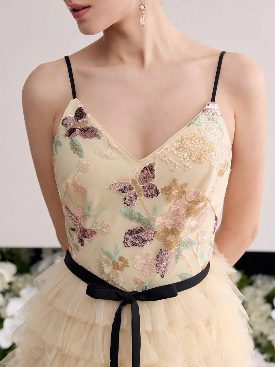 Soiréza SEQUIN EMBROIDERY MESH LAYERED COCKTAIL DRESS