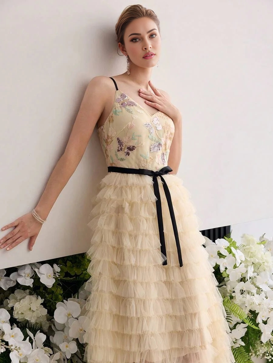 Soiréza SEQUIN EMBROIDERY MESH LAYERED COCKTAIL DRESS