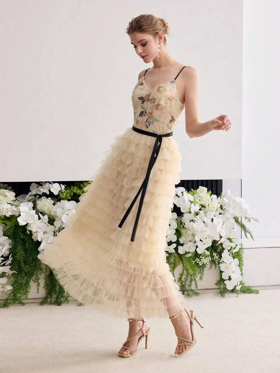 Soiréza SEQUIN EMBROIDERY MESH LAYERED COCKTAIL DRESS