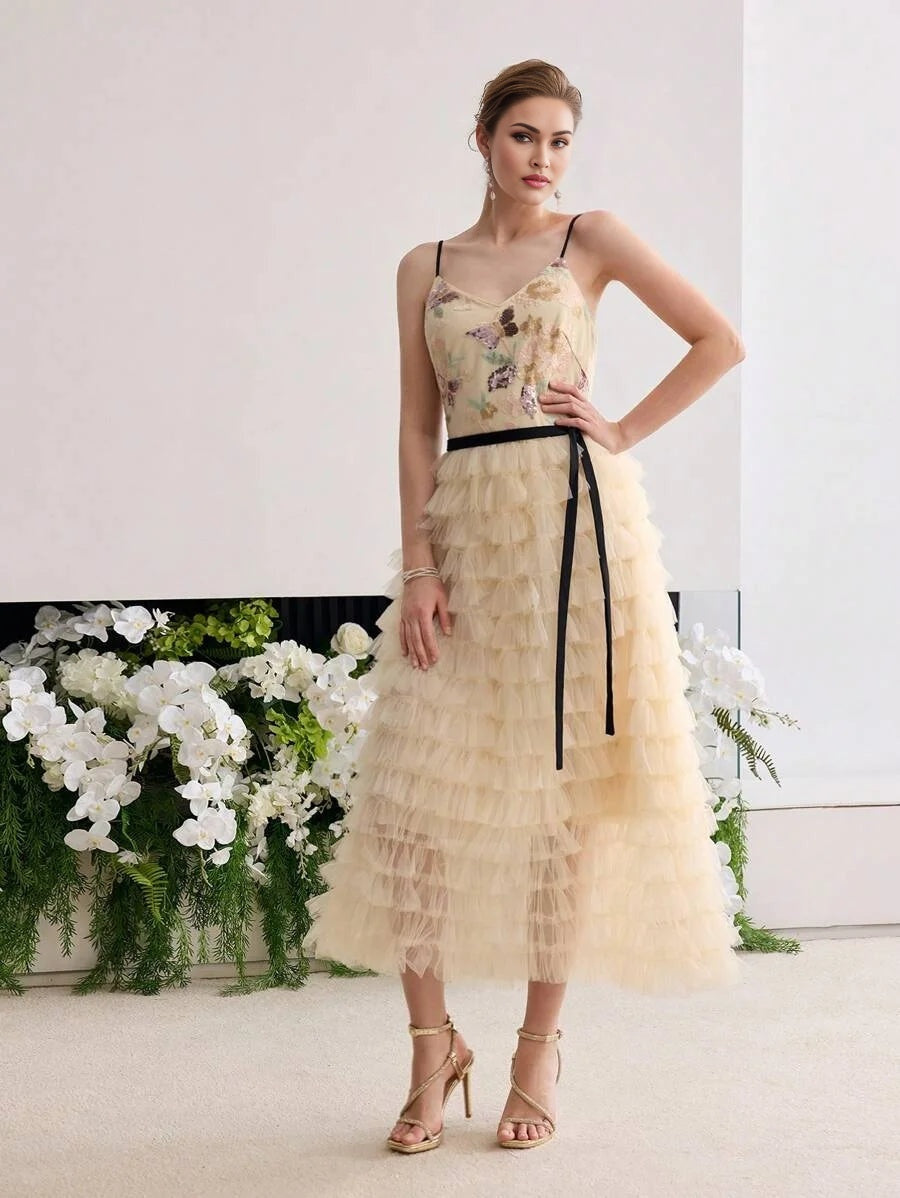 Soiréza SEQUIN EMBROIDERY MESH LAYERED COCKTAIL DRESS