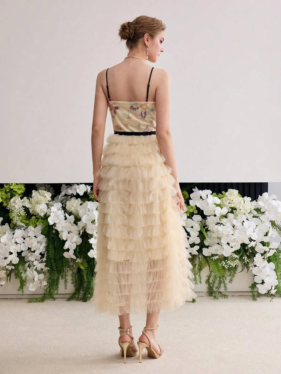 Soiréza SEQUIN EMBROIDERY MESH LAYERED COCKTAIL DRESS