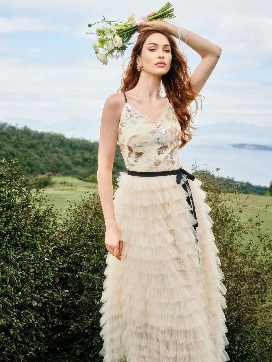 Soiréza SEQUIN EMBROIDERY MESH LAYERED COCKTAIL DRESS