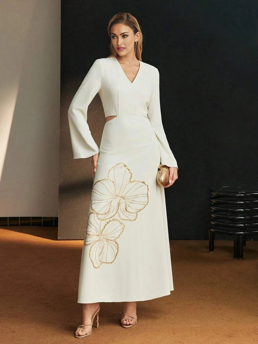 Soiréza SEQUIN FLORAL PATTERN VNECK CUTOUT WAIST COCKTAIL DRESS