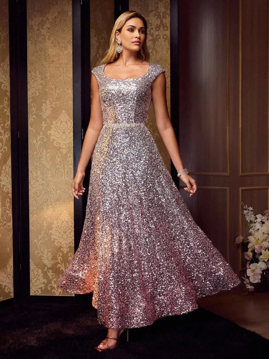Soiréza SEQUIN OMBRE ELEGANT DRESS WITH BELT SUITABLE FOR GODDESS PARTY BANQUET COCKTAIL DRESS