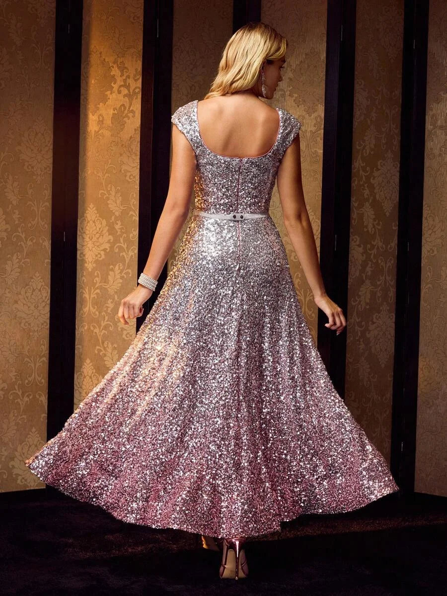 Soiréza SEQUIN OMBRE ELEGANT DRESS WITH BELT SUITABLE FOR GODDESS PARTY BANQUET COCKTAIL DRESS
