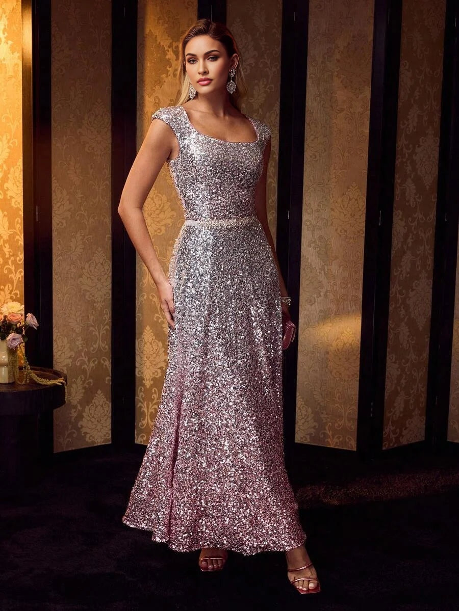 Soiréza SEQUIN OMBRE ELEGANT DRESS WITH BELT SUITABLE FOR GODDESS PARTY BANQUET COCKTAIL DRESS
