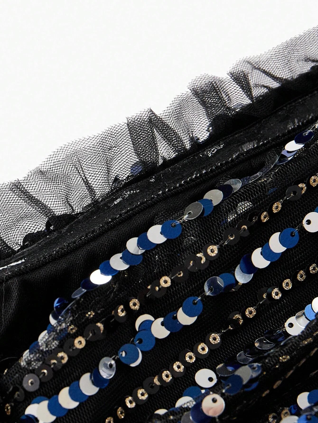 Soiréza SEQUINS OFF SHOULDER MESH FRILL TRIM COCKTAIL DRESS