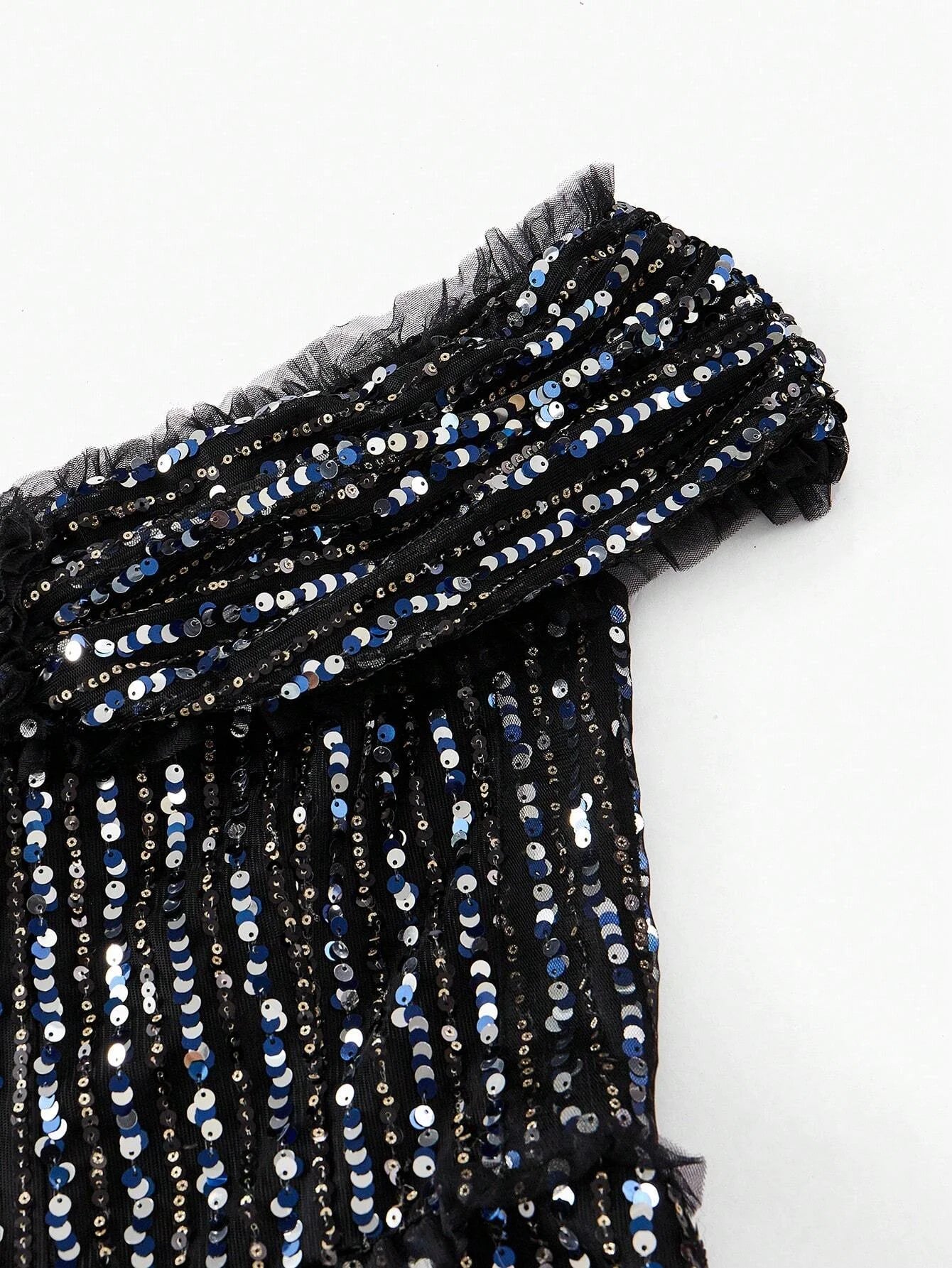 Soiréza SEQUINS OFF SHOULDER MESH FRILL TRIM COCKTAIL DRESS