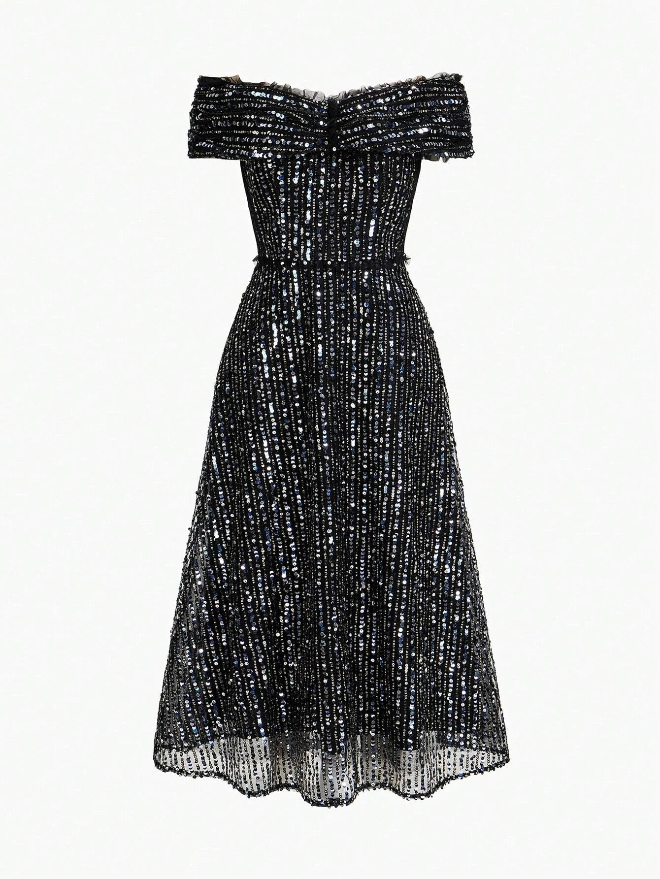 Soiréza SEQUINS OFF SHOULDER MESH FRILL TRIM COCKTAIL DRESS