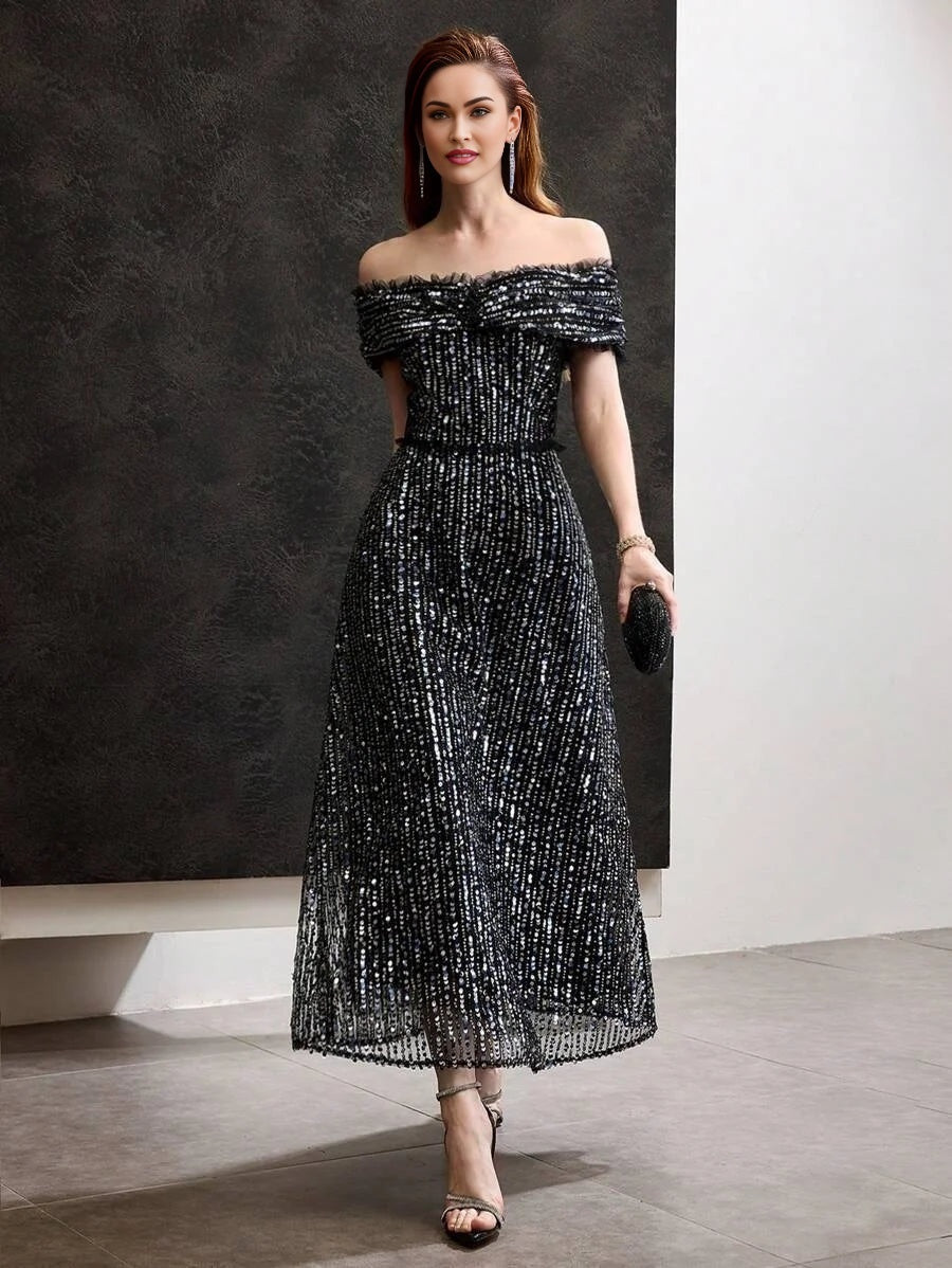 Soiréza SEQUINS OFF SHOULDER MESH FRILL TRIM COCKTAIL DRESS