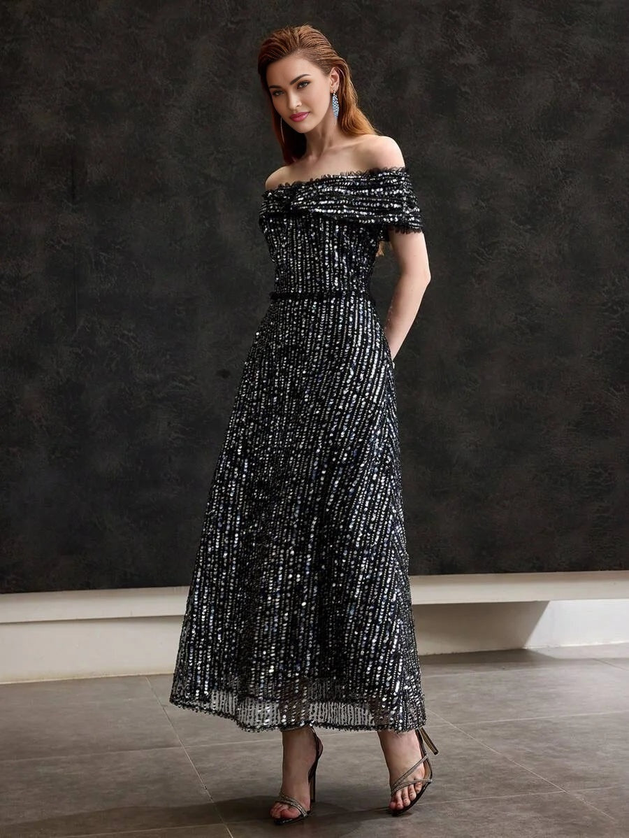 Soiréza SEQUINS OFF SHOULDER MESH FRILL TRIM COCKTAIL DRESS
