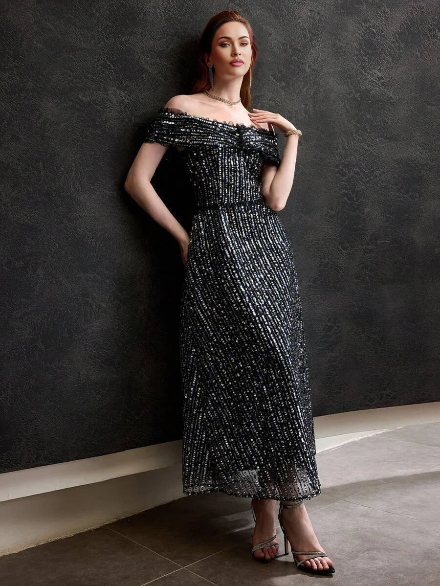 Soiréza SEQUINS OFF SHOULDER MESH FRILL TRIM COCKTAIL DRESS