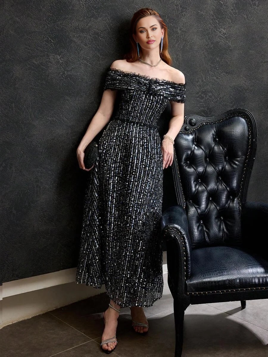 Soiréza SEQUINS OFF SHOULDER MESH FRILL TRIM COCKTAIL DRESS