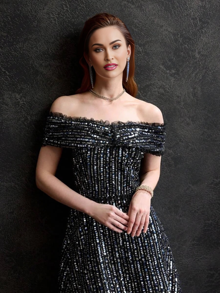 Soiréza SEQUINS OFF SHOULDER MESH FRILL TRIM COCKTAIL DRESS