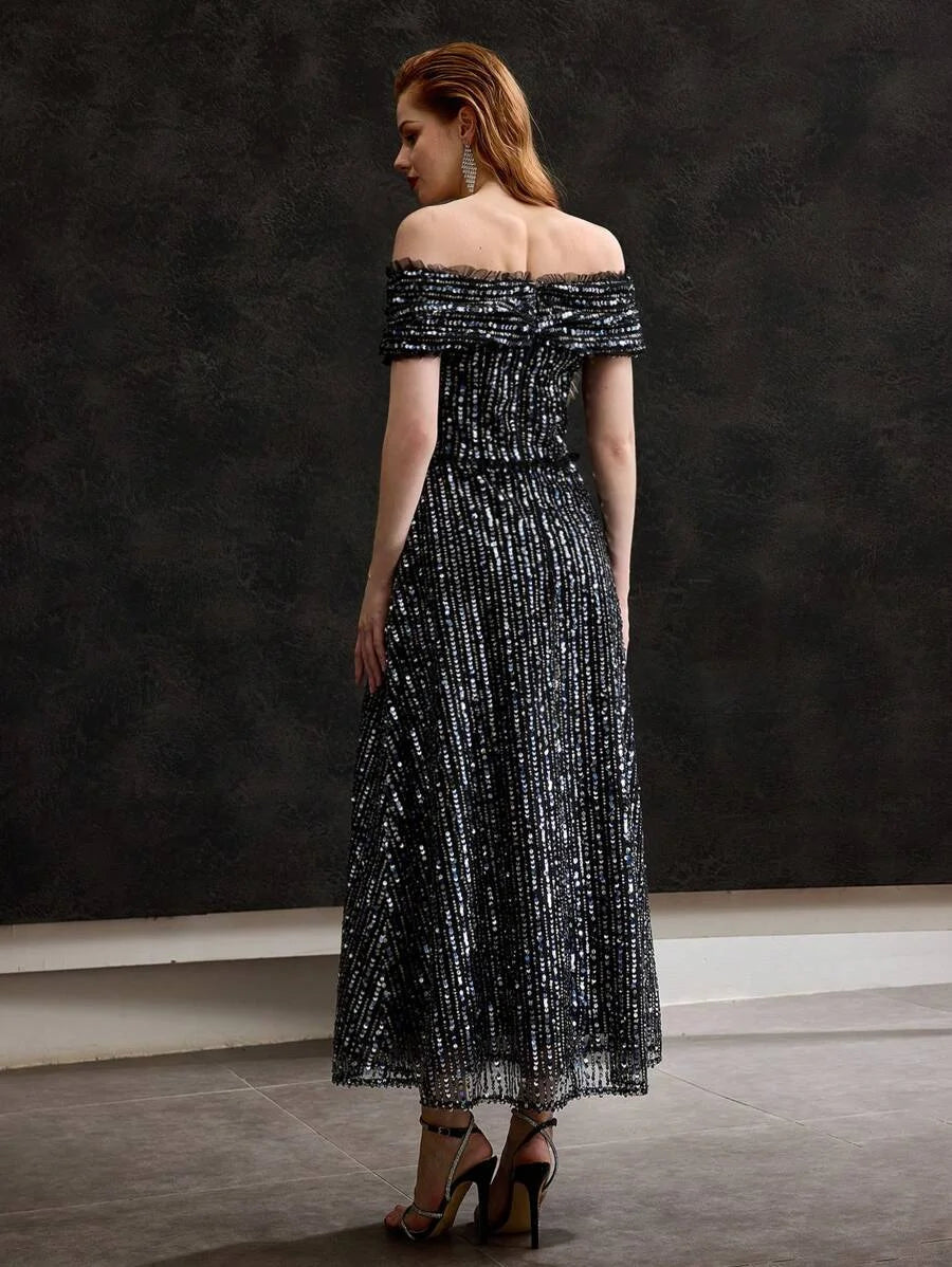 Soiréza SEQUINS OFF SHOULDER MESH FRILL TRIM COCKTAIL DRESS