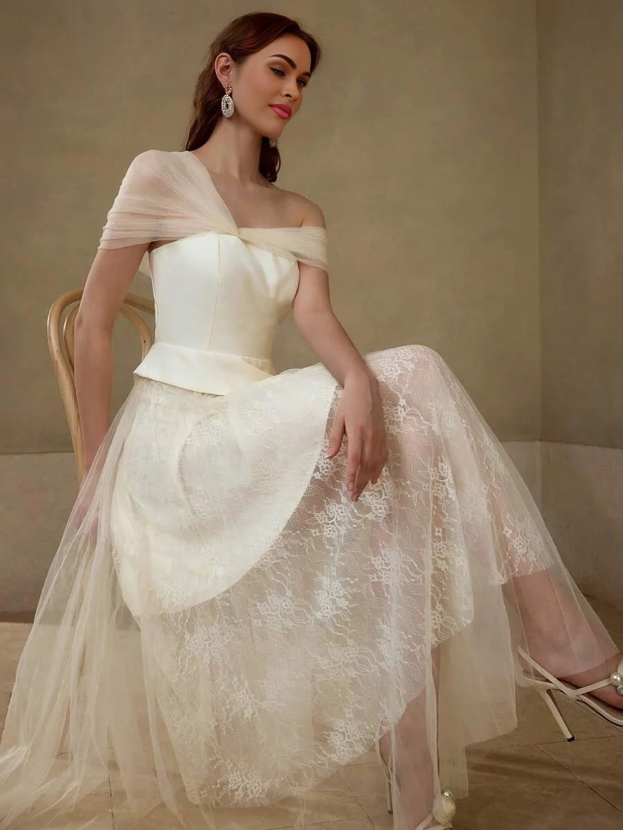 Soiréza SHEER MESH ASYMMETRICAL SHOULDER PEPLUM WAIST LACE FLARE HEM COCKTAIL DRESS