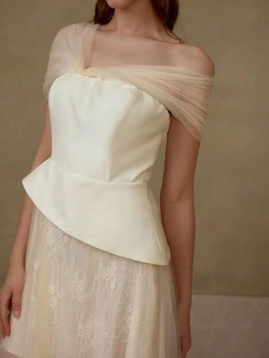 Soiréza SHEER MESH ASYMMETRICAL SHOULDER PEPLUM WAIST LACE FLARE HEM COCKTAIL DRESS