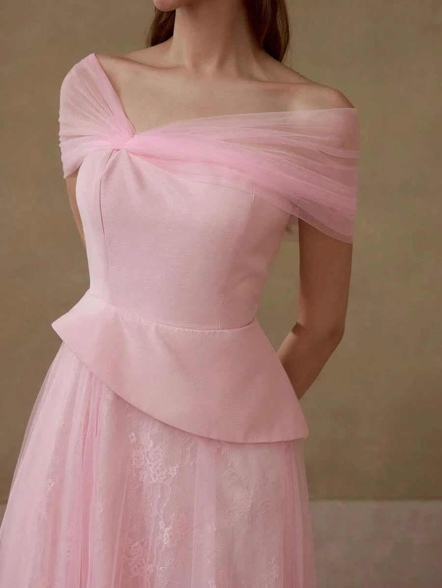 Soiréza SHEER MESH ASYMMETRICAL SHOULDER PEPLUM WAIST LACE FLARE HEM COCKTAIL DRESS