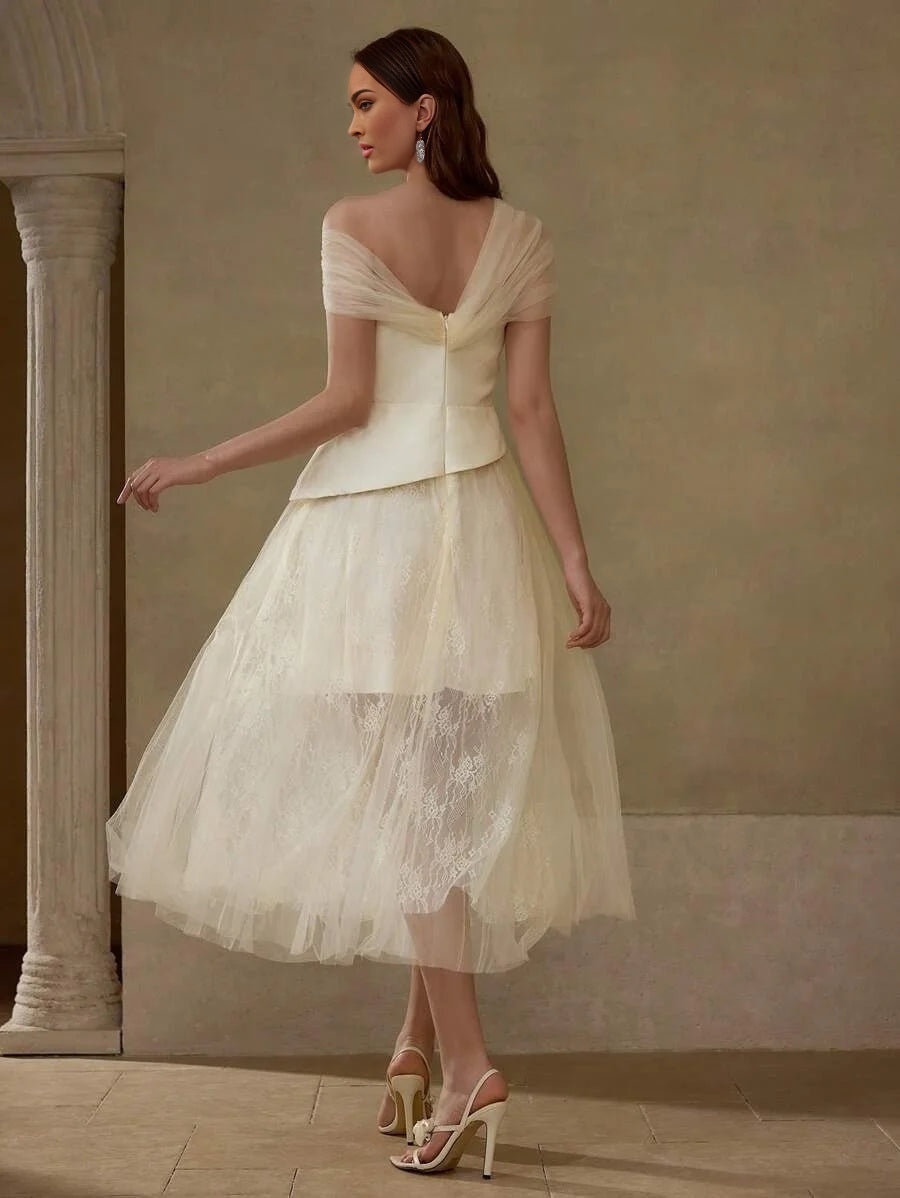 Soiréza SHEER MESH ASYMMETRICAL SHOULDER PEPLUM WAIST LACE FLARE HEM COCKTAIL DRESS