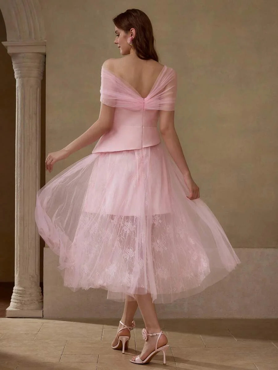 Soiréza SHEER MESH ASYMMETRICAL SHOULDER PEPLUM WAIST LACE FLARE HEM COCKTAIL DRESS