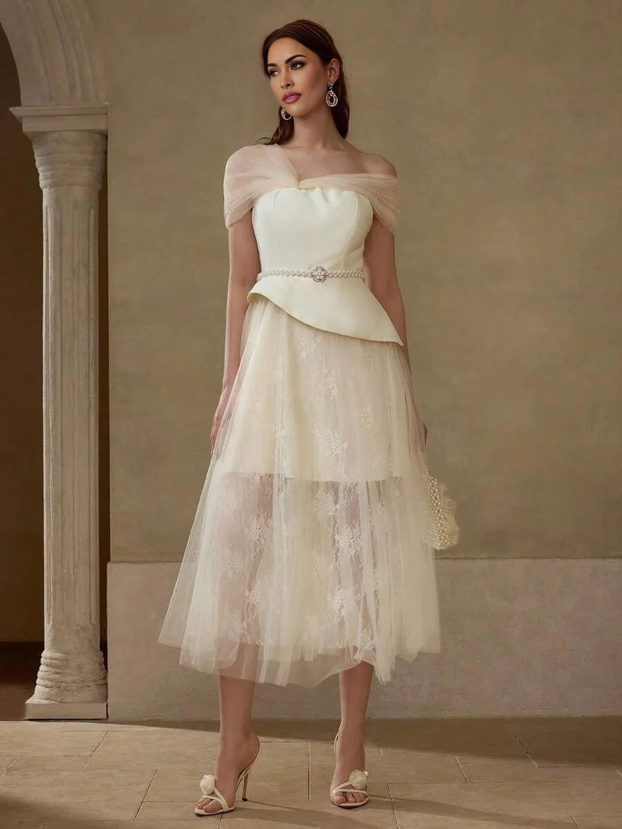 Soiréza SHEER MESH ASYMMETRICAL SHOULDER PEPLUM WAIST LACE FLARE HEM COCKTAIL DRESS