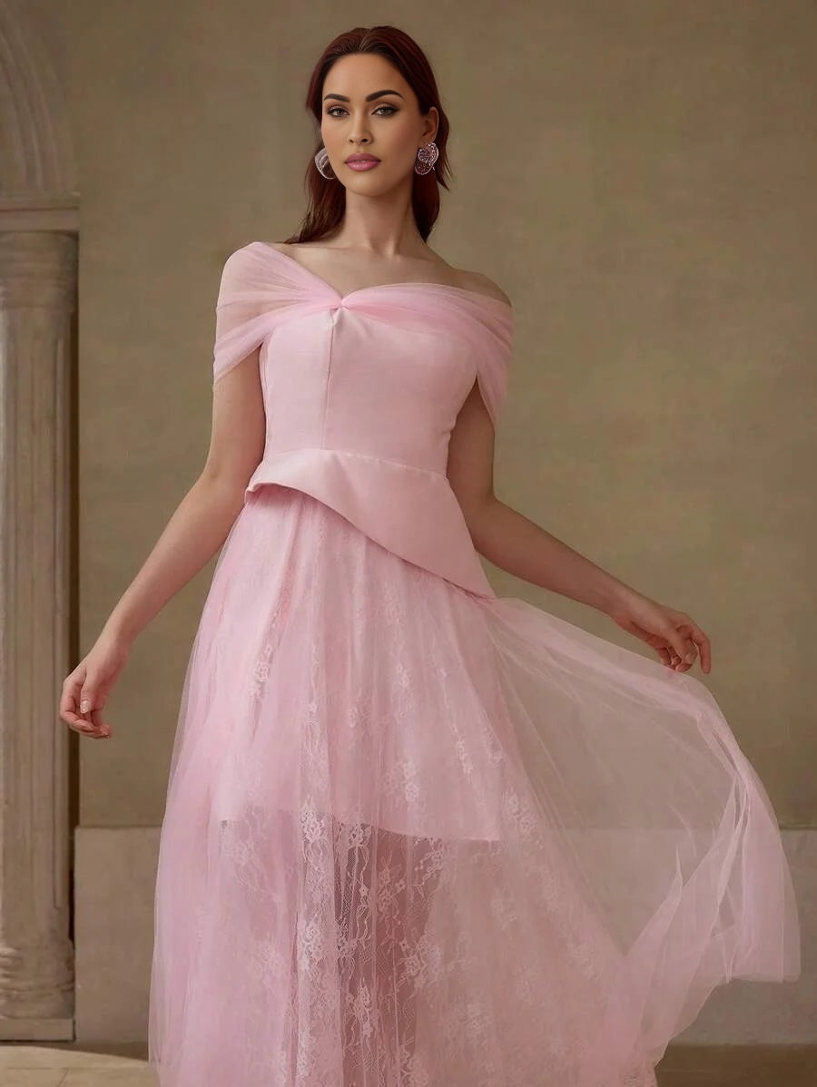 Soiréza SHEER MESH ASYMMETRICAL SHOULDER PEPLUM WAIST LACE FLARE HEM COCKTAIL DRESS